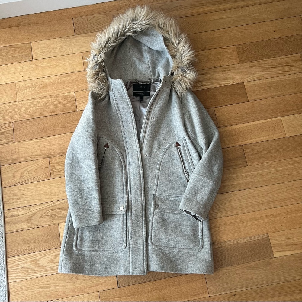 J.Crew Gray Peacoat jacket with removable faux fur on hood in Stadium cloth wool
